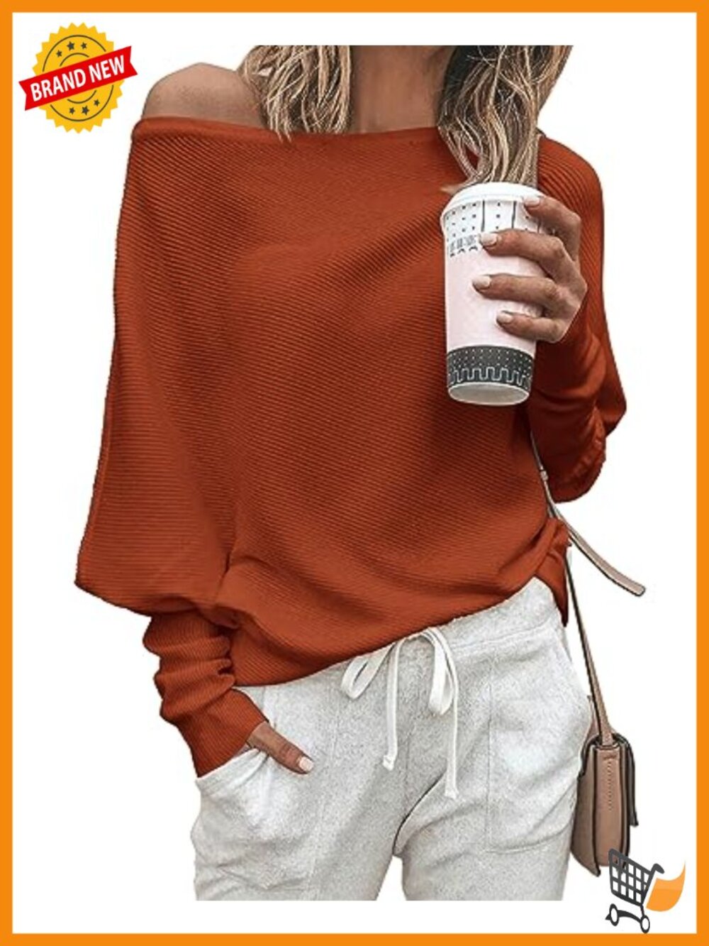 Off The Shoulder Sweater Knit Pullover Batwing Long Sleeve Ribbed Women's